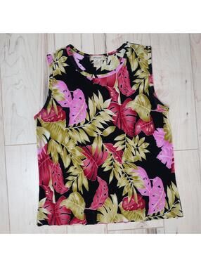 Plisse Tropical Tank Top Black Floral M